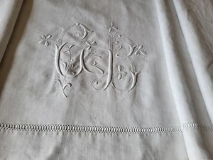 N24 Ancien drap en lin brodé monogramme CB & jour 210x312cm 1900 Old linen sheet - Imagen 1 de 11