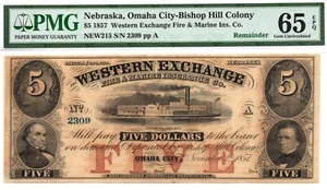1857 $5 Western Exchange Omaha City, Nebraska Obsolete - PMG 65 EPQ! Nice GEM+ - Picture 1 of 5