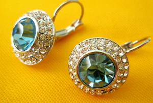 New Blue Round Crystal White Diamonds Platinum Plated Dangle Drop Earring - Picture 1 of 5