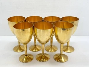 Vintage Solid Brass 24KT Gold Plated Set of 7 Wine Goblet Glass Italy - Picture 1 of 18