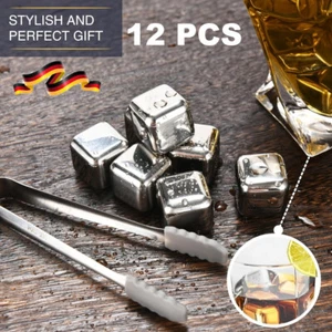 12pcs Edelstahl Eiswürfel Whisky Steine Ice Cube Kühlsteine mit Zange Silber NEU - Bild 1 von 24