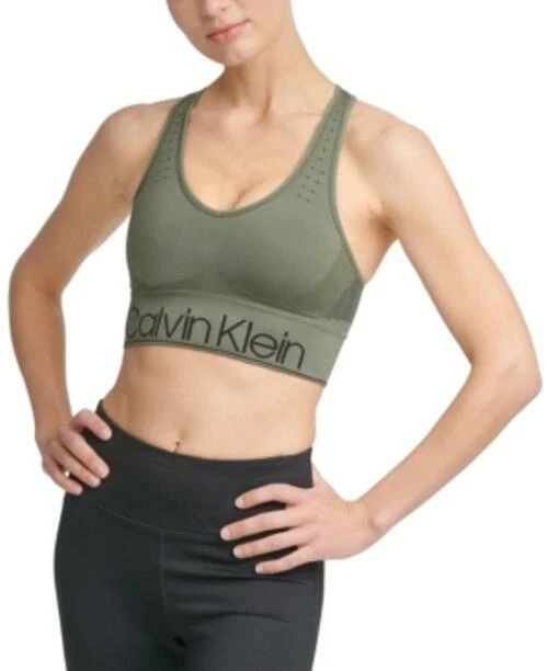 CK seamless longline Logo Medium Impact Sports Bra Green XS
