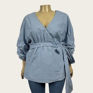 Ava & Viv Größe 4X PLUS blau weiß gestreift Full Wrap 3/4 Plissee Ärmel Shirt Top - Bild 1 von 8