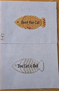 2 Hand Painted Needlepoint Canvasses-Feed The Cat & The Cat Is Fed-2.5” x 5.5” - Picture 1 of 3