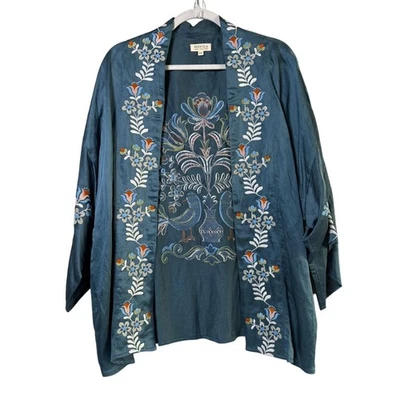 Chaqueta Kimono Novica Azul Otoño Floral Bordada Talla S M Azul Pájaros Bolsillos Foto 1 de 4