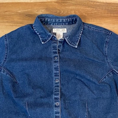 Camisa de mezclilla elástica Cherokee para mujer azul medio manga corta vintage años 90 Foto 1 de 4