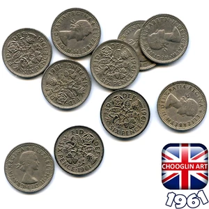 Set of (x10) BRITISH 1961 ELIZABETH II SIXPENCE 6d coins, 64 Years Old! - Picture 1 of 1