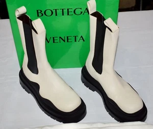 Bottega Veneta Tire Lug Chelsea Military Calf Boots Sea Salt Black 39.5 US 9.5 - Picture 1 of 15