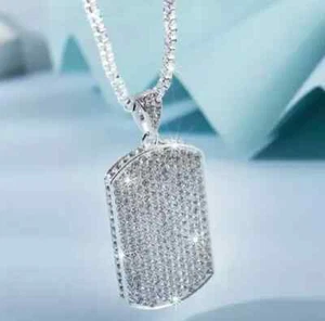 1.75Ct Round Lab Created Diamond Dog Tag Pendant 14K White Gold Plated Silver - Picture 1 of 6