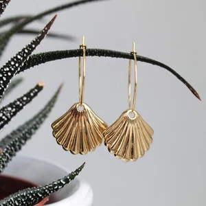 Shell Hoop Earrings- Gold Plated Summer Dangle Drop With Charm, Medium UK - Picture 1 of 7