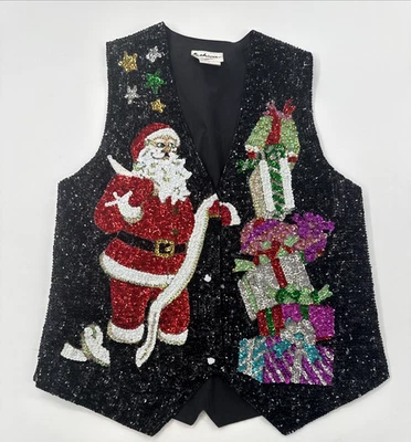 复古亮片圣诞老人圣诞背心女式小号异想天开的五颜六色的卡扣 — 第 1/4 张图片