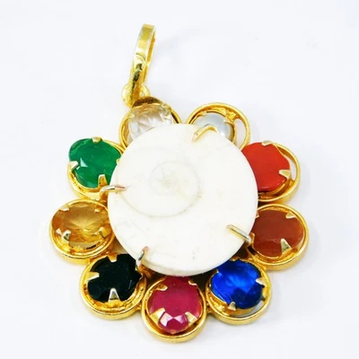 9 Planet Healing Gomti Chakra & Navratna Gemstone – Handmade Pendant Jewelry - Image 1 of 4