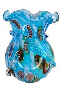 Vaso nastro applicato bordo arruffato millefiori vetro artistico blu stile Murano vintage - Foto 1 di 7