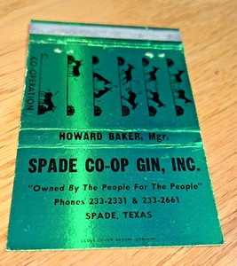 1963 Spade Co-op Gin, Inc. Matchbook Cubierta Spade Texas - Howard Baker, Mons. - Imagen 1 de 4