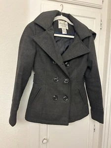 American Rag Gray Wool Pea Coat Womens XS Cropped Trench Coat Hooded Y2K - Picture 1 of 10