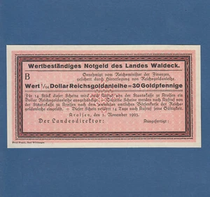 WALDECK 0,30 Goldmark = 1/14 US Dollar 1923 KASSENFRISCH  WAL 3c - Picture 1 of 2
