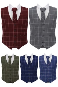Boys Tweed Windowpane Check Waistcoat Cotton 3 Piece Formal Smart Casual Tie Set - Picture 1 of 20