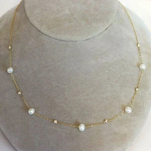 Collana stazione EFFY nuova oro giallo 14 carati e perle d'acqua dolce 6 mm e diamanti 18" - Foto 1 di 8