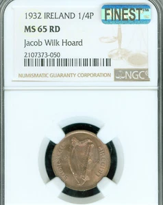 1932 IRELAND 1/4P FARTHING NGC MS65 RD PQ MAC FINEST GRADE JOCAB WILK HOARD * - Picture 1 of 2