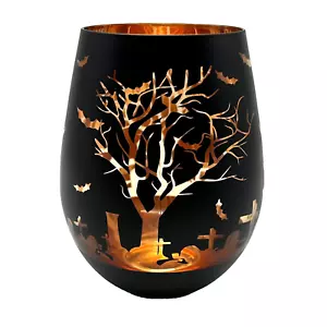 Halloween Haunted Graveyard Black & Orange Wine Glass Goblet Spooky Tree Bats - Picture 1 of 8
