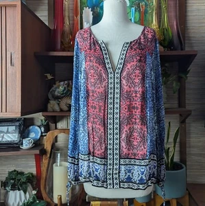 Lucky Brand Top Long Sleeve Blouse Size L Large Blue Rose Red Boho - Picture 1 of 8