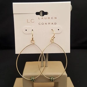 LC LAUREN CONRAD Women's Gold Plated Frontal Hoop Hook Green Earrings NWT - Picture 1 of 2