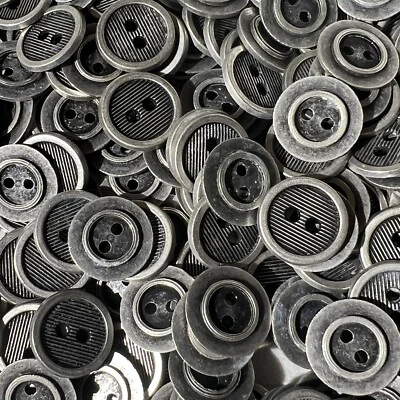 Vintage Silver Italian Metal Button Stripe/Ridge Center w/Rim 17mm 11/16" 2hole - Image 1 of 2