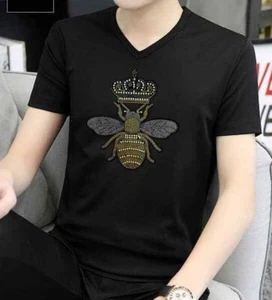 New Men Luxury Diamond Bee Crown Rhinestones Fashion V-Neck Black T-Shirt - Picture 1 of 6