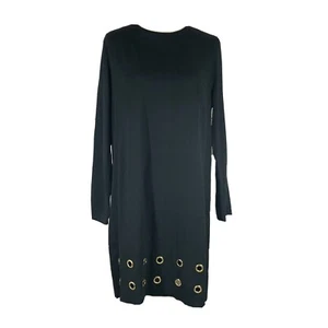 NWT JustFab Gold Grommet Hem Shift Dress Long Sleeves Black Sz M - Picture 1 of 12
