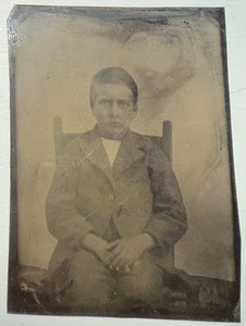1800s Alabama Estate Find Tintype Of A Boy With A Serious Pose Sitting In Chair - Picture 1 of 4