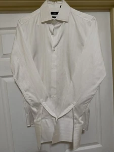 HUGO BOSS Two Ply Cotton White Stripe Dress Shirt Men's 16 34/35 French Cuff - Picture 1 of 5