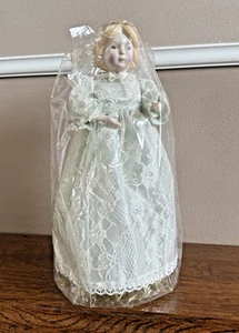 VTG Angel Porcelain Head Christmas Tree Topper Lace Gown 10" Taiwan Blue Dress - Picture 1 of 7