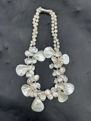 Collar de perlas barrocas moneda plana blanca brillo natural real Foto 1 de 4