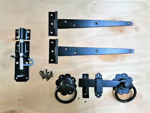T Hinges (2) 10" 250mm Ring Latch Brenton Bolt Set Garden Gate Fitting Kit Black - Picture 1 of 7