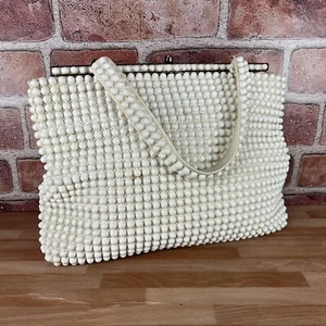 Borsa a mano vintage anni 60 Grandee avorio con perline e chiusura a bacio MCM - Foto 1 di 24