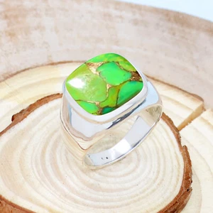 Green Copper Turquoise Cushion Cut 925 Sterling Silver Handmade Men's Ring - Picture 1 of 3