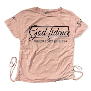 On Fire Godfidence Ruched Short Sleeve Graphic Pullover Girl’s T-Shirt Medium - Picture 1 of 10