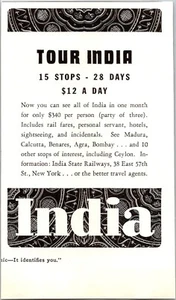 PRINT AD 1935 India State Railways Tour India Travel Package SMALL 3 x 4.5 - Picture 1 of 1