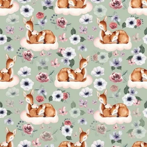Baumwoll - Jersey  Stoff  Digitaldruck Reh Rehkitz Wolke  mint  15,90€/m - Bild 1 von 3