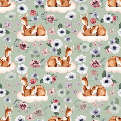 Baumwoll - Jersey  Stoff  Digitaldruck Reh Rehkitz Wolke  mint  15,90€/m - Bild 1 von 3