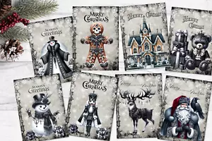 8 etiquetas/toppers para hacer tarjetas negras y grises estilo gótico navideño ATC - Imagen 1 de 3