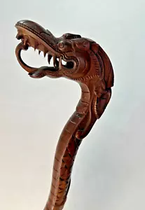 Hand-Carved Brown Wooden Dragon Serpent Vintage Walking Stick Cane 37" - Picture 1 of 15