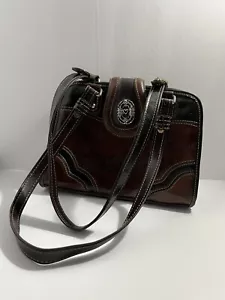 MC Mark Chantal Shoulder Bag Purse Brown Black Leather Embossed w/4-Leaf Clovers - Picture 1 of 14