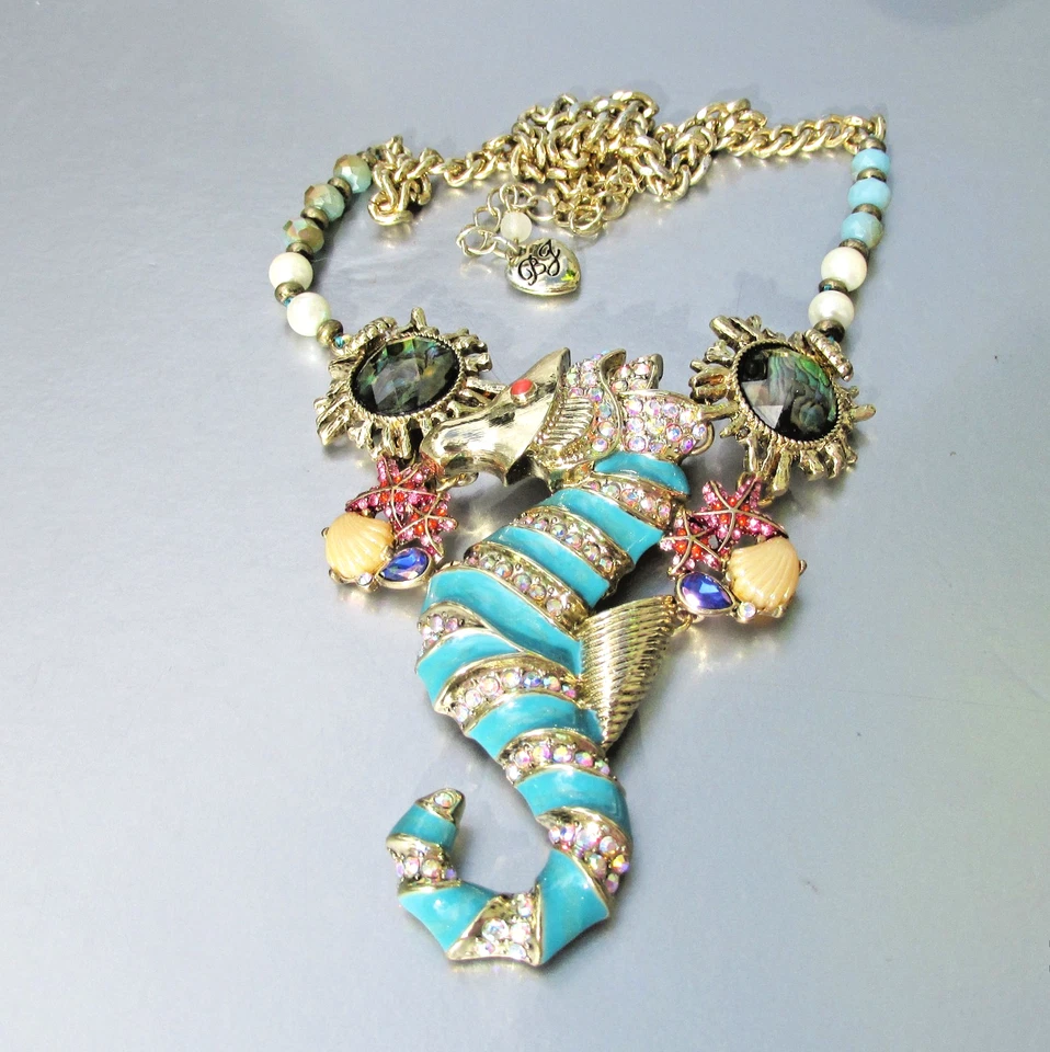 Betsey Johnson Nautical Collection SEAHORSE Rhinestone Enamel Pendant Necklace - Image 1 of 4