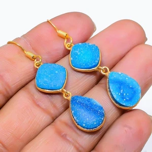 Blue Druzy Gemstone Handmade 925 Sterling Silver Jewelry Earring 2.17" O450 - Picture 1 of 2