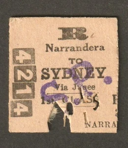 VINTAGE 1960s N.S.W RAILWAYS NARRANDERA TO SYDNEY VIA JUNEE RETURN TRAIN TICKET - Foto 1 di 2