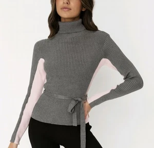 Bebe Top grau rosa gerippt Rollkragen Langarm Gürtel Seidenmischung Gr. S - Bild 1 von 7