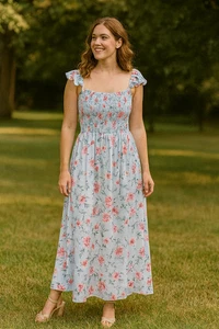 SHEIN CURVE 3XL Midikleid blau Blumen gesmokt Sommer Boho Cottagecore Urlaub - Bild 1 von 4