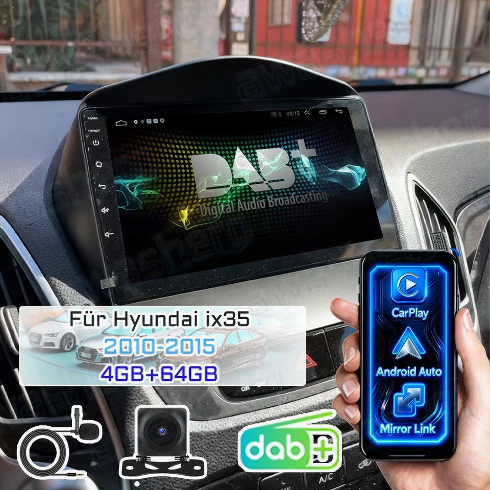 DAB+ 10" Carplay Android 15 Autoradio Für Hyundai iX35 4+64GB 8Core GPS NAVI RDS - Bild 1 von 4