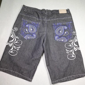 Red Ape Shorts Mens 40 Gray Embroidered Paisley Denim Jean Pockets baggy Hip Hop - Picture 1 of 18